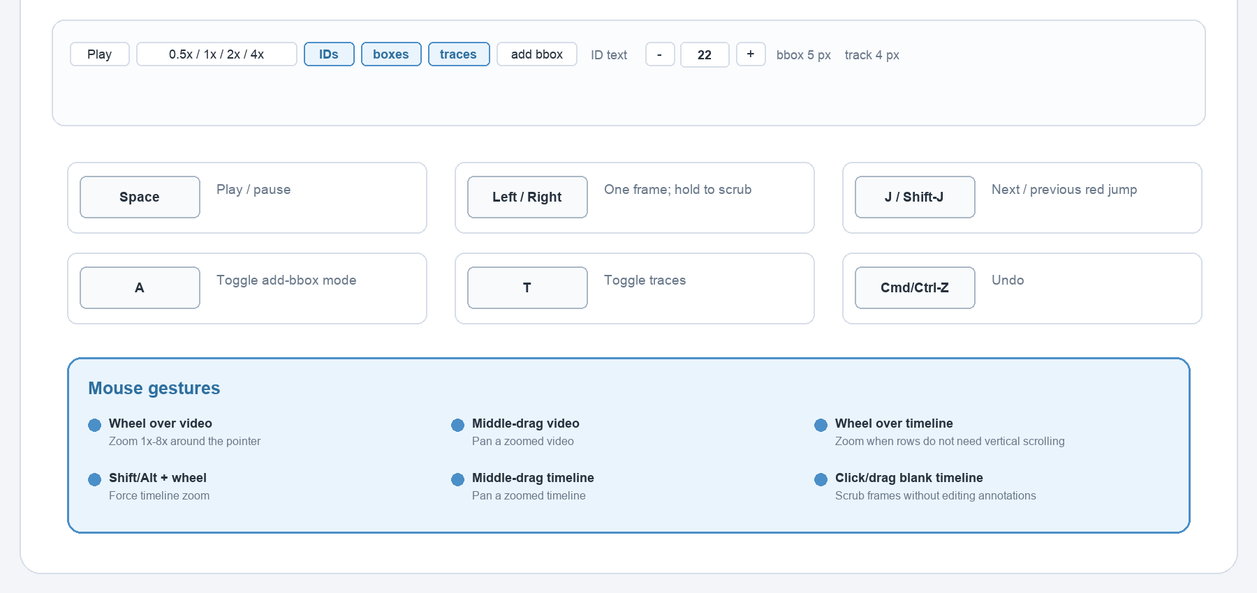 Playback, keyboard shortcuts, and mouse gestures