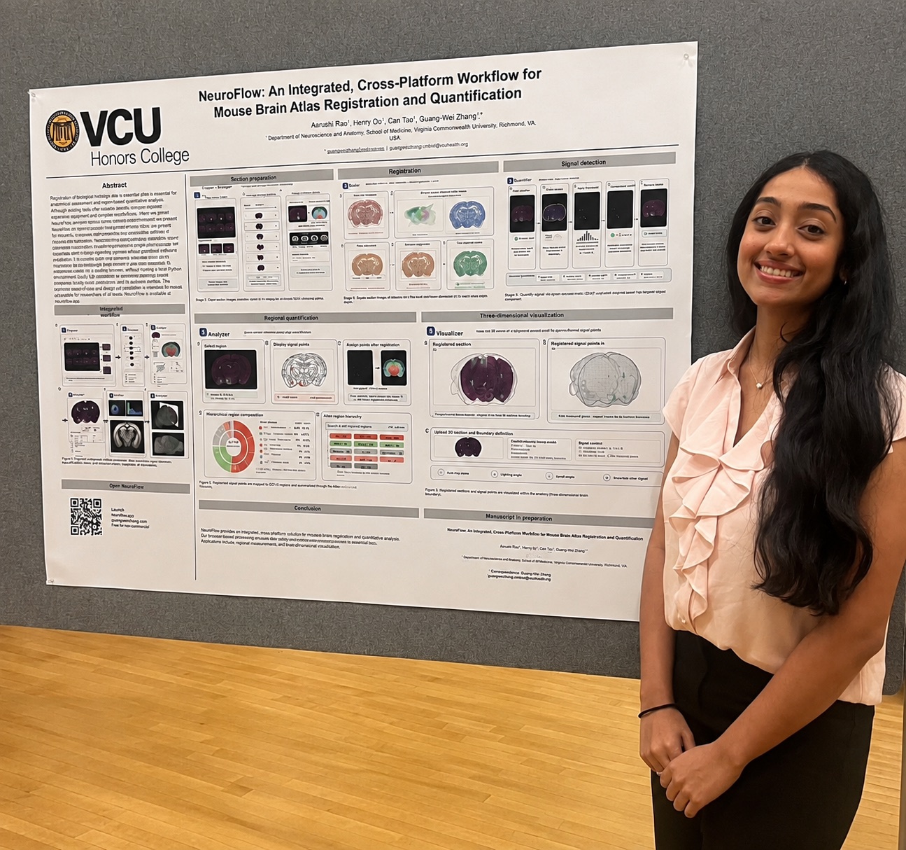 Aarushi Rao presenting the NeuroFlow poster at the 2026 Summer Student Research Symposium
