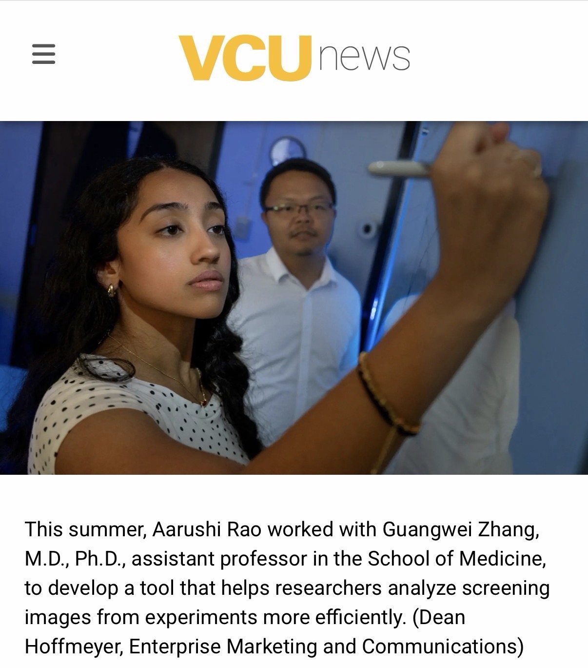 The VCU News article featuring Aarushi Rao and Dr. Guang-Wei Zhang in the lab